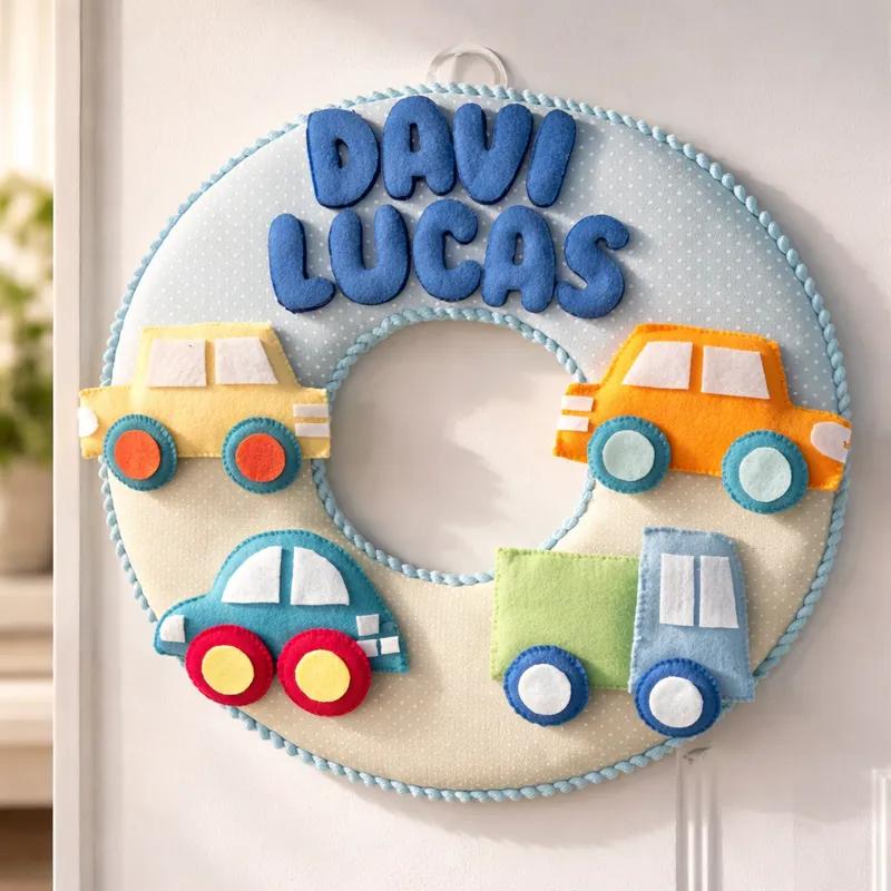 Porta maternidade Menino Carrinhos feltro