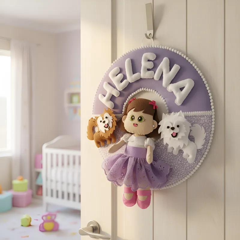 Porta maternidade Menina e os cachorrinhos feltro