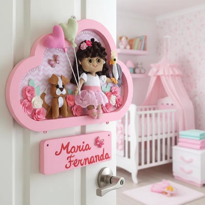Porta maternidade menina nuvem feltro