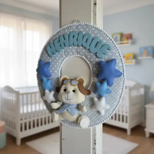 Porta maternidade Ursinho Aviador Menino feltro