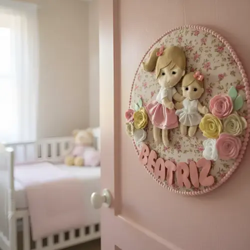 Porta maternidade  menina Irmãzinhas feltro
