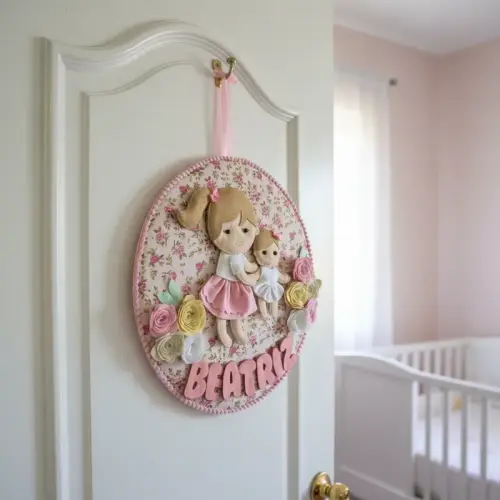 Porta maternidade  menina Irmãzinhas feltro