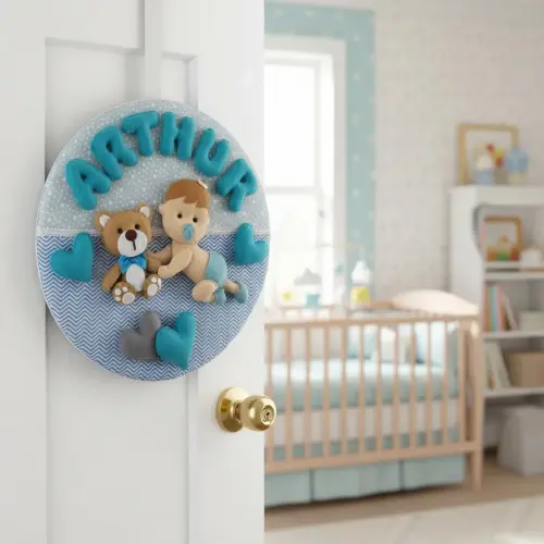 Porta maternidade Menino bebê e o urso