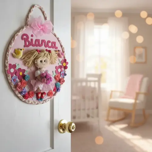 Porta maternidade Menina no jardim encantado