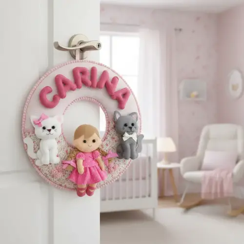 Porta maternidade menina e gatinhos feltro
