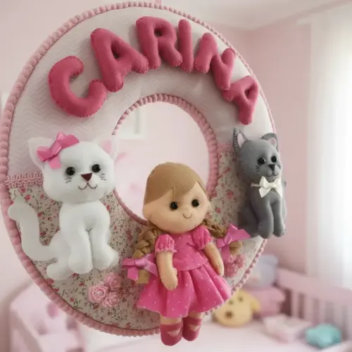 Porta maternidade menina e gatinhos feltro