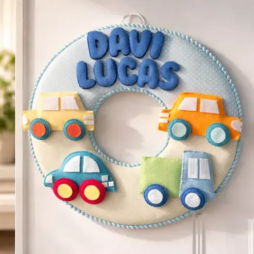 Porta maternidade Menino Carrinhos feltro