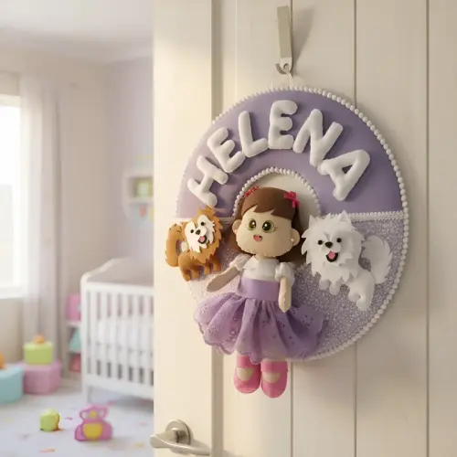 Porta maternidade Menina e os cachorrinhos feltro