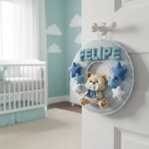 Porta maternidade Ursinho feliz feltro menino