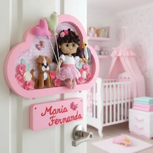 Porta maternidade menina nuvem feltro