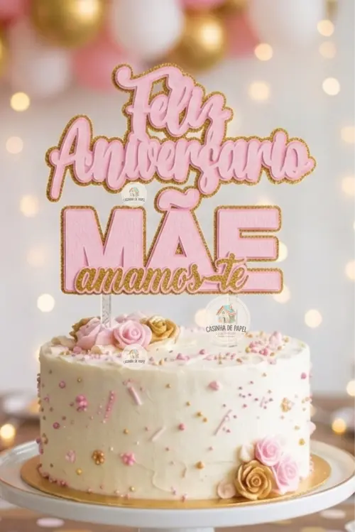 TOPO DE BOLO FELIZ ANIVERSÁRIO,MÃE AMAMOS-TE