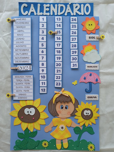 Cartaz escolar Calendário e tempo em eva