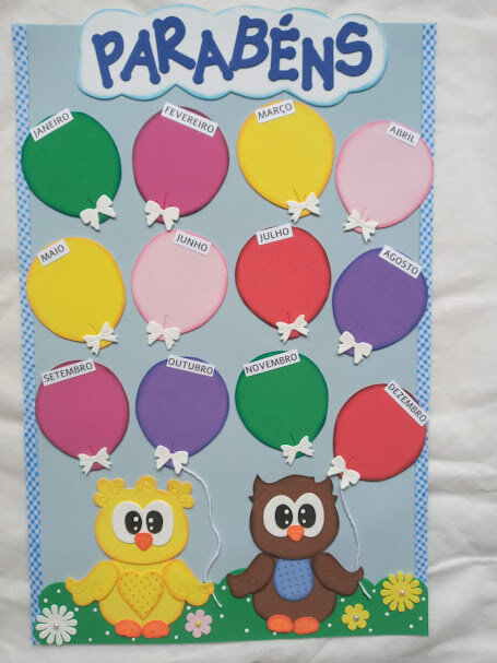 Cartaz escolar dos aniversários no tema coruja