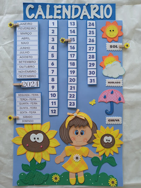 Cartaz escolar Calendário e tempo em eva
