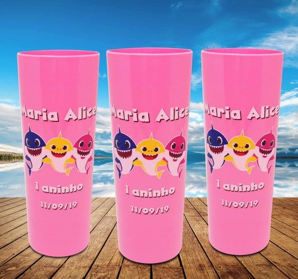 15 Copos Long Drink Rosa Bebê Personalizado Baby Shark