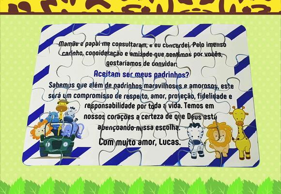 Quebra-cabeça Convite Padrinhos Batizado Bebê Animais Selva