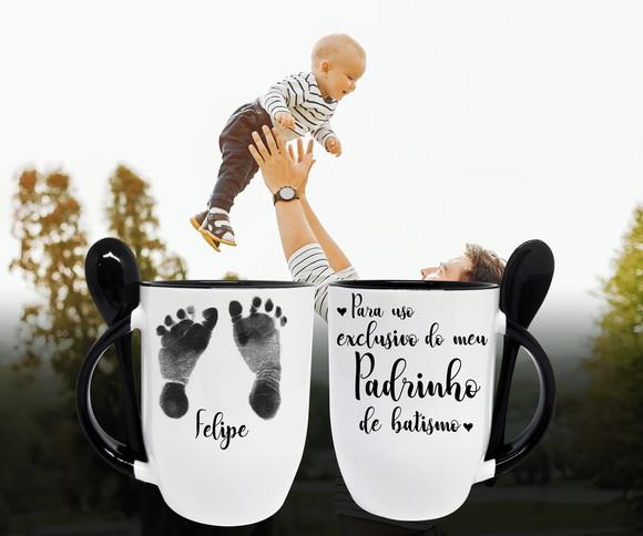 Caneca Preta com Colher Personalizada Padrinho de Batismo