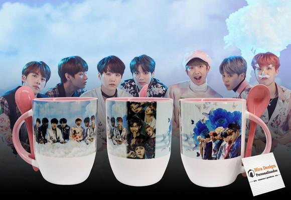 Caneca Rosa com Colher Personalizado - Grupo Coreano Bts