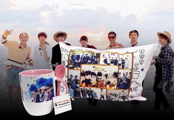 Kit Caneca Colher Rosa + Almofada Rosa (grupo Coreano Bts)