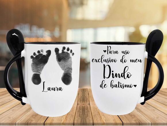 Caneca Preta Colher Dindo Padrinho Batizado Batismo Bebê