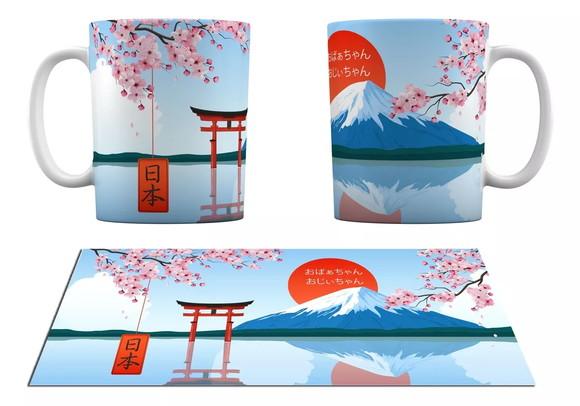 Caneca Branca Japão Avos Japoneses Sakura Tori Monte Fuji