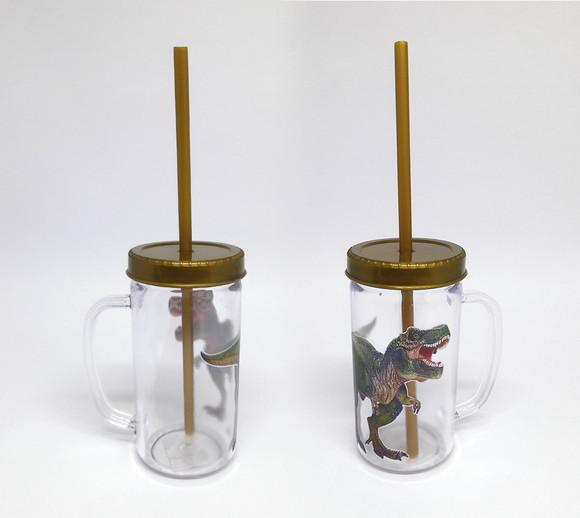 Copo Mini Mason Jar Dourado - Dinossauro T-Rex