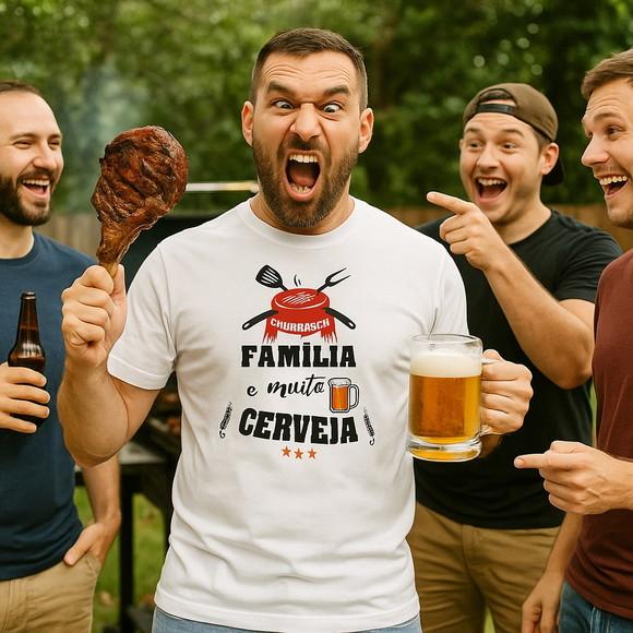Camiseta Masculina Branca Churrasco Família e Muita Cerveja