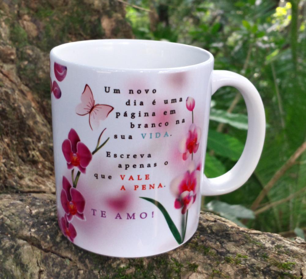 Caneca Branca Floral Personalizado com Mensagem Orquídea