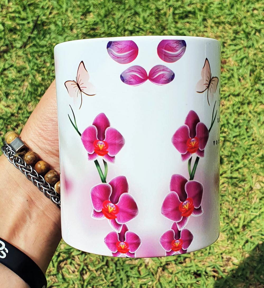 Caneca Branca Floral Personalizado com Mensagem Orquídea