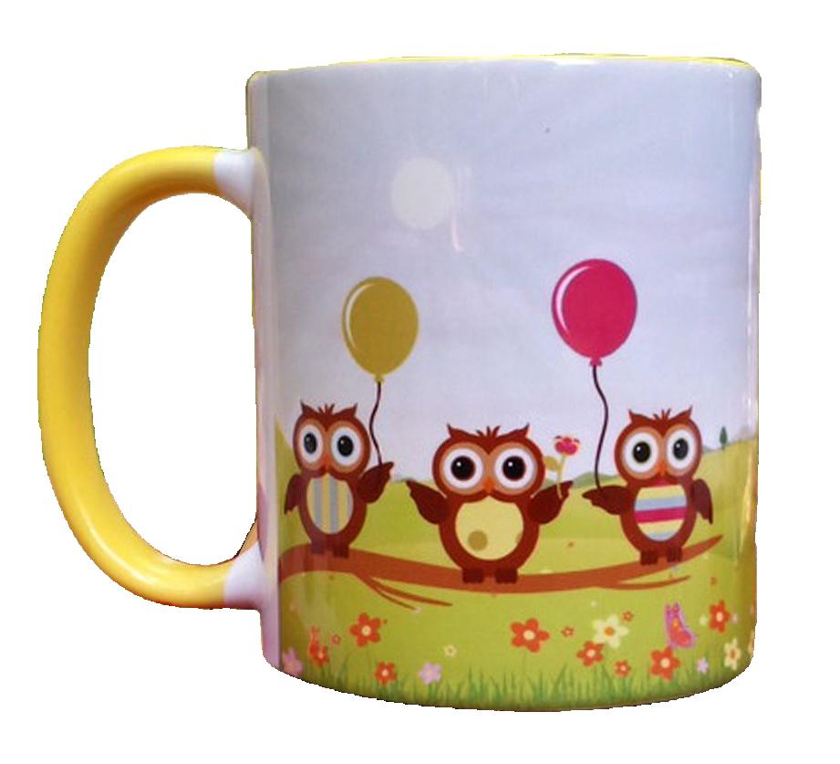 Caneca Amarela Personalizada Presente 3 Corujas Aniversário