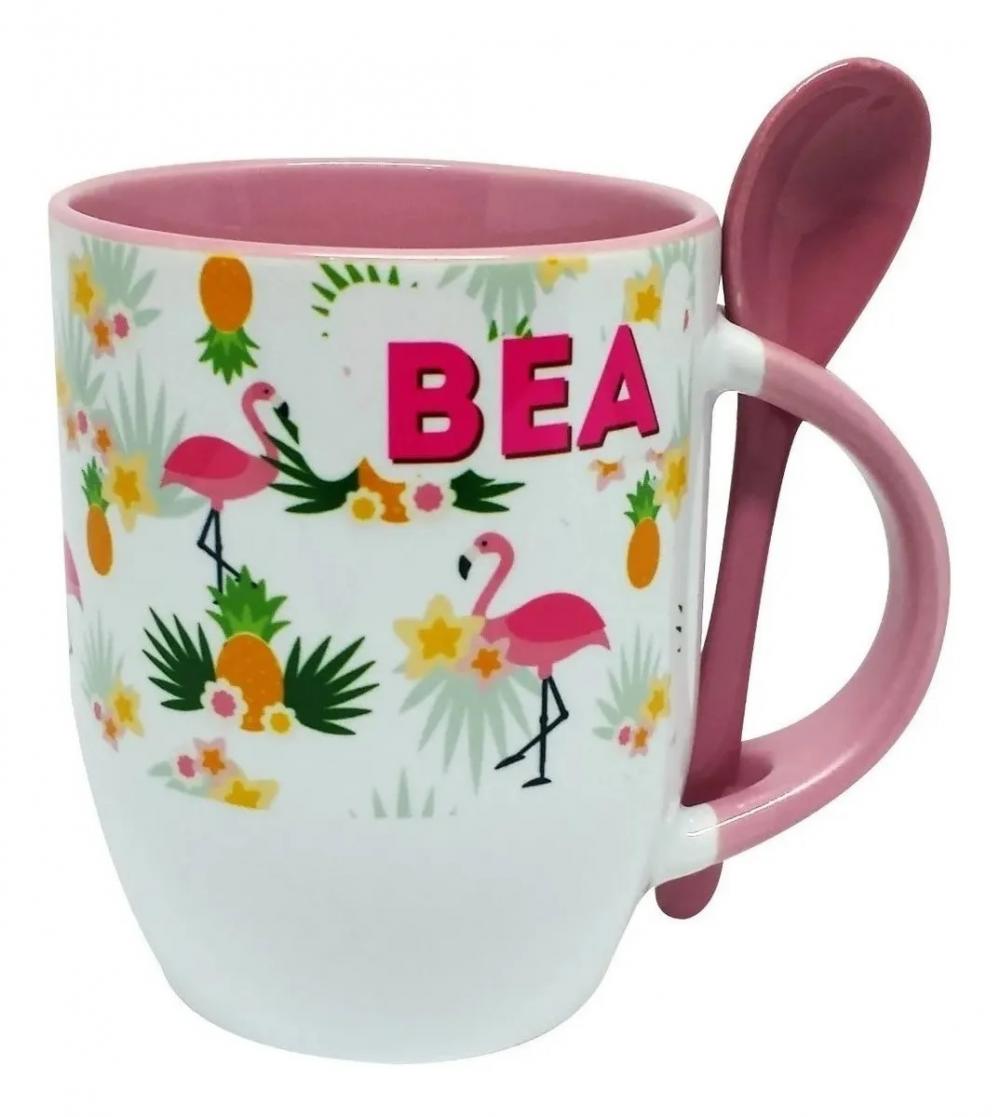 Caneca Rosa com Colher Personalizada - Abacaxi e Flamingo