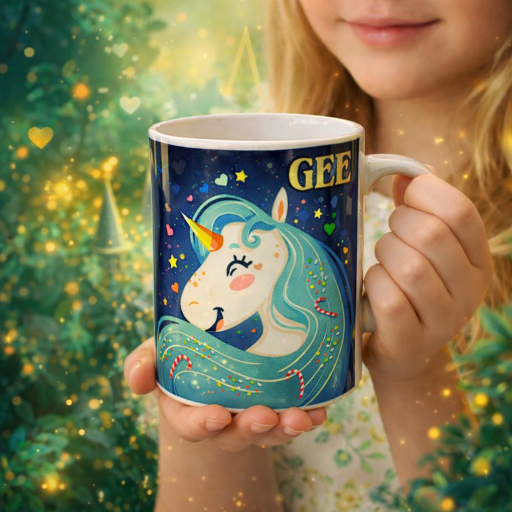 Caneca Branca Unicórnio Feliz Personalizada - com Nome