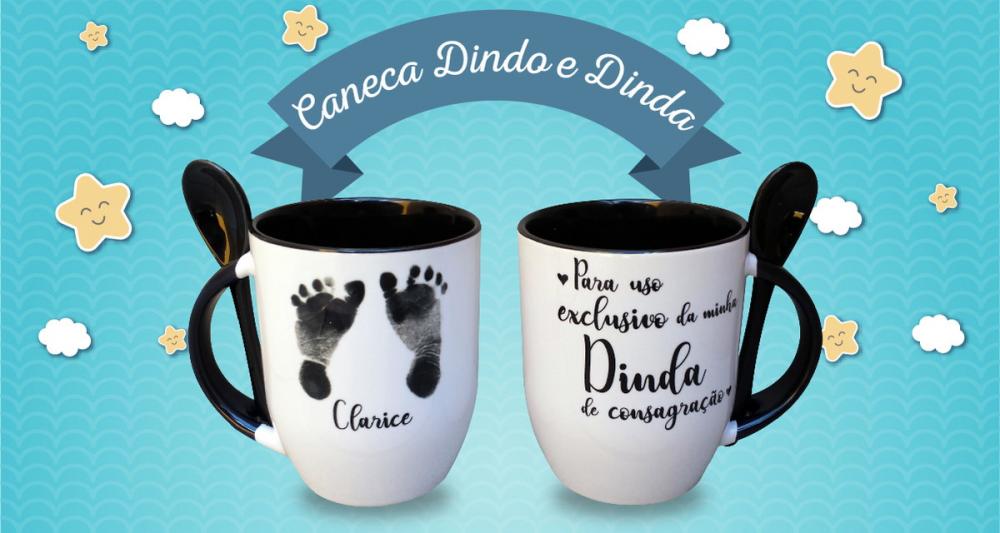 Caneca Preta com Colher Presente Batizado Madrinha / Dinda