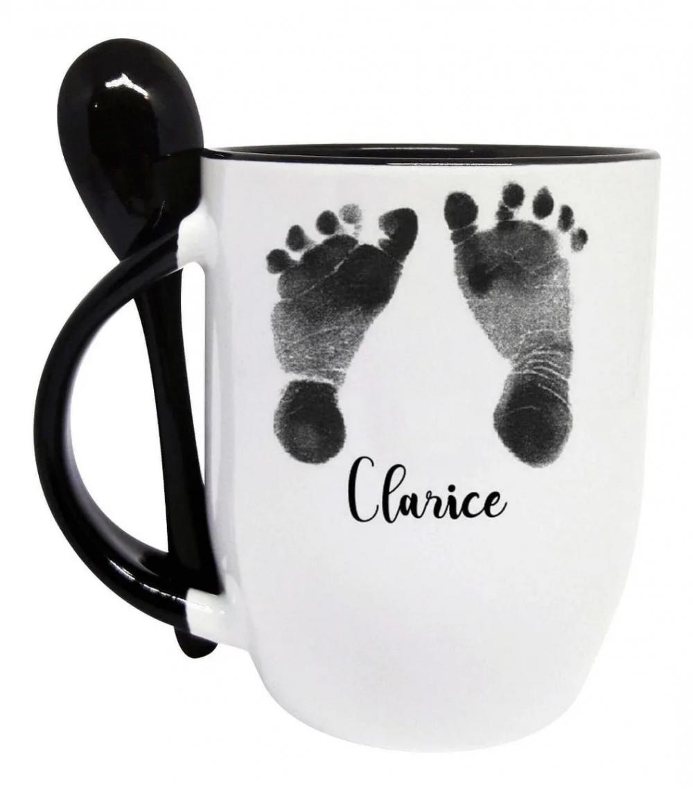 Caneca Preta com Colher Presente Batizado Madrinha / Dinda