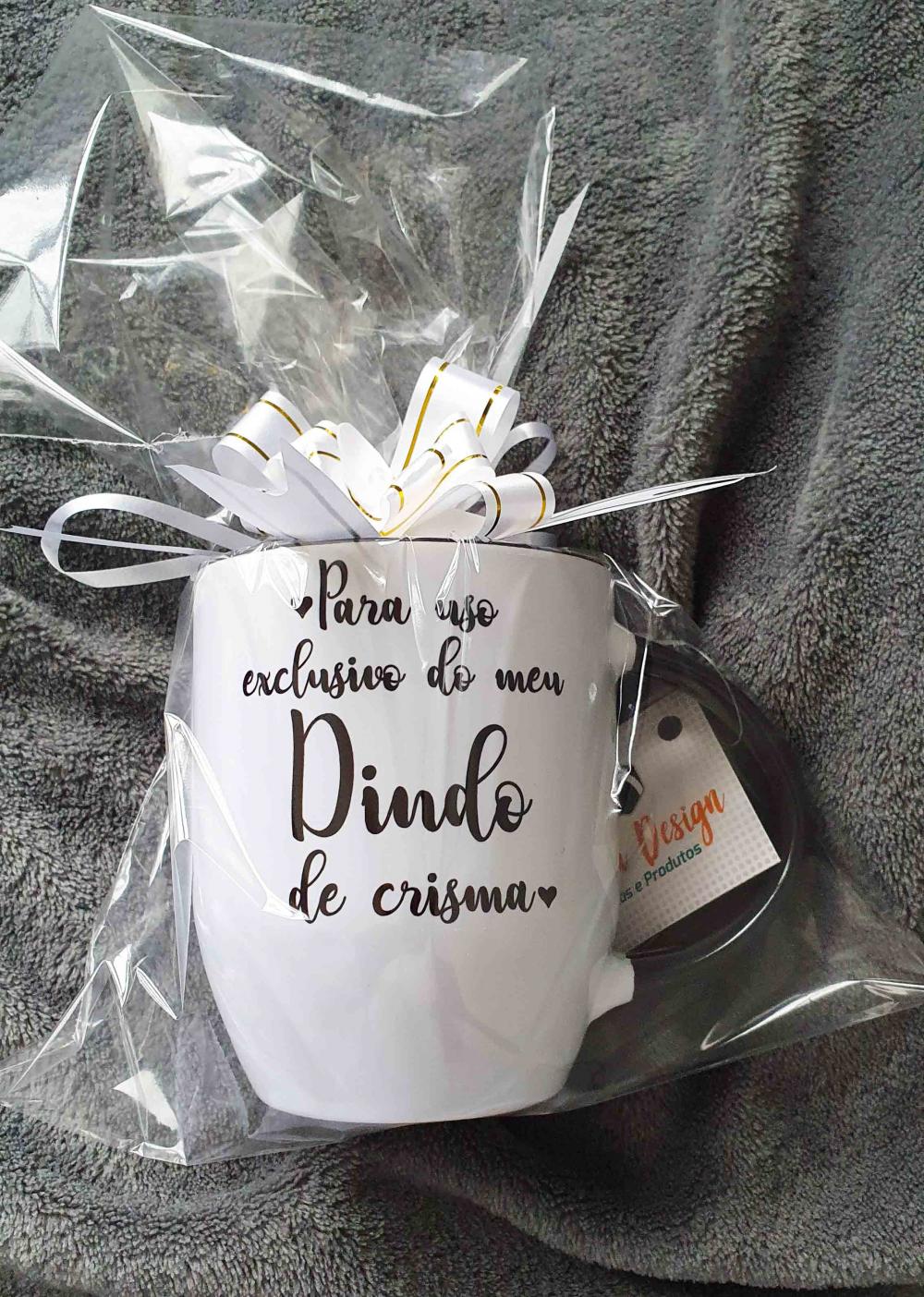 Caneca Preta com Colher Presente Batizado Madrinha / Dinda