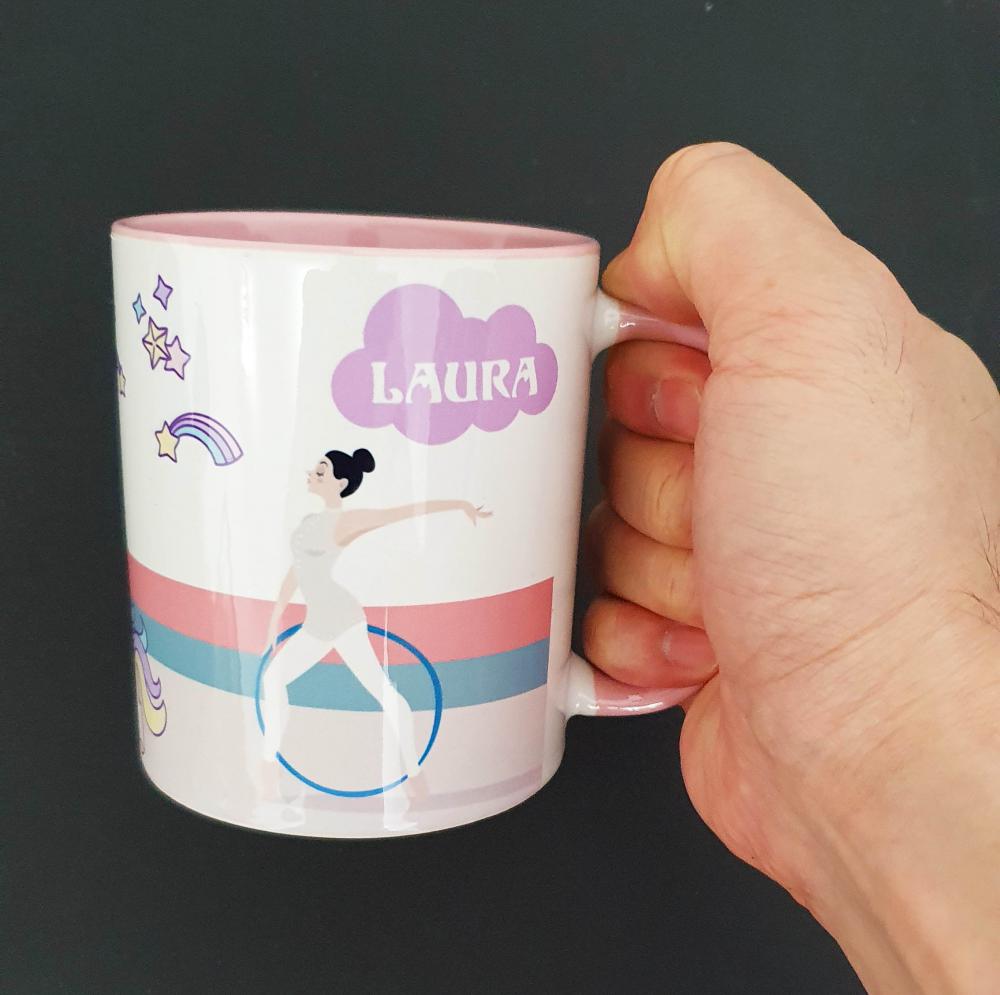 Caneca Rosa Personalizada Ginasta e Unicórnio - com Nome