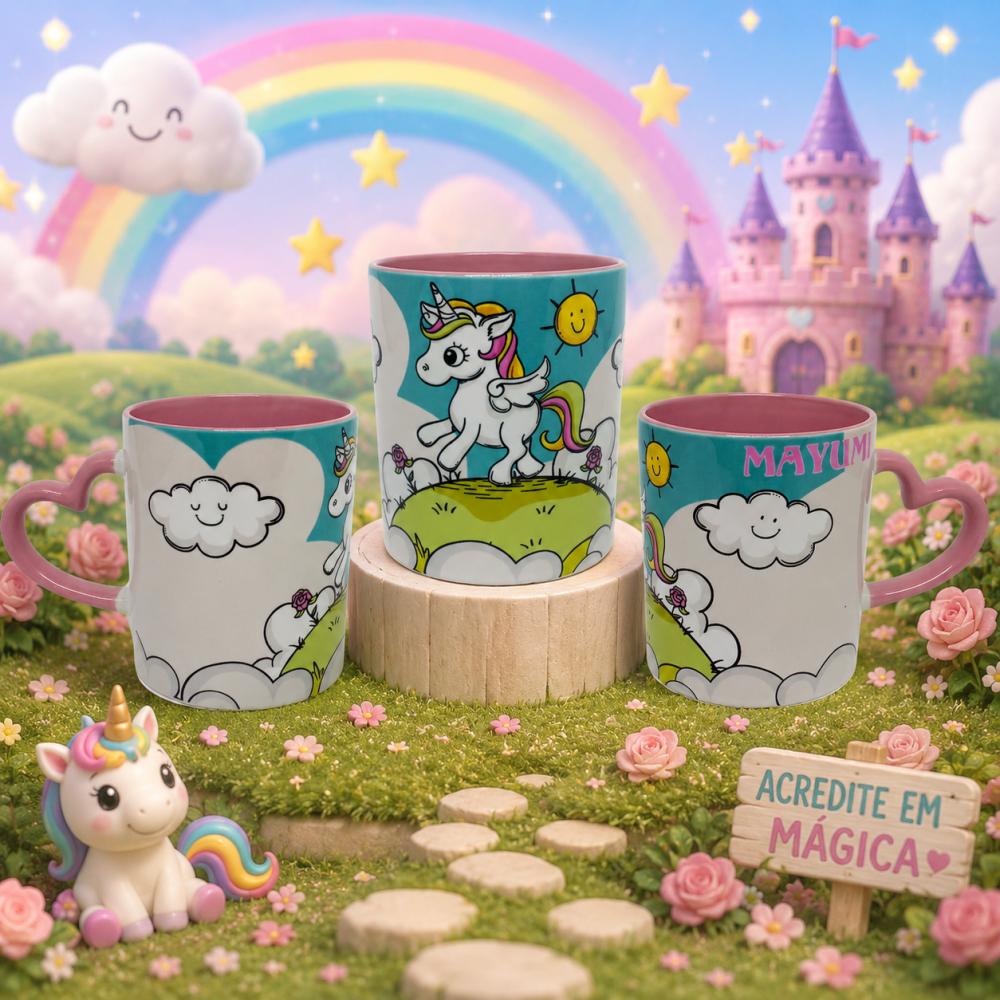 Caneca Coração Rosa Personalizada Unicórnio Encantado