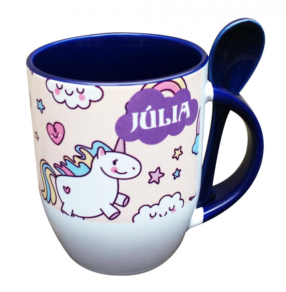 Caneca Azul com Collher Unicórnio Personalizado