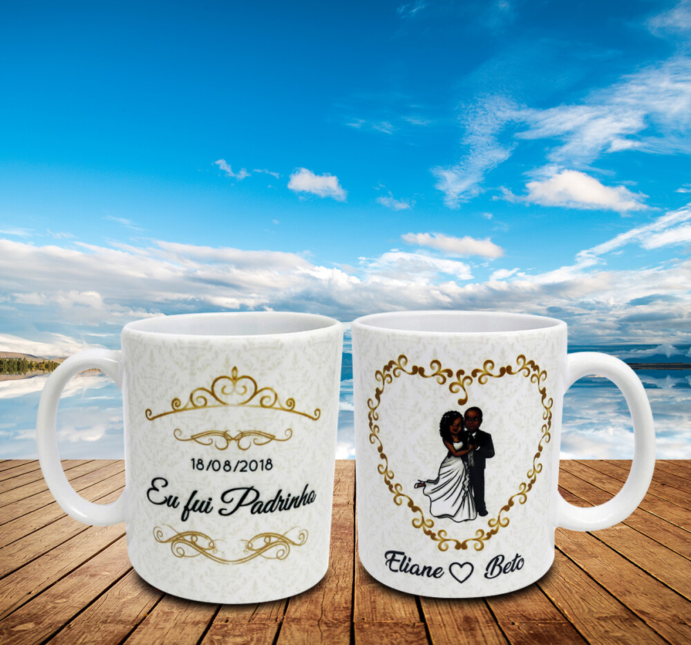 Caneca Branca Padrinho Personalizado - Casal Noivos Moreno