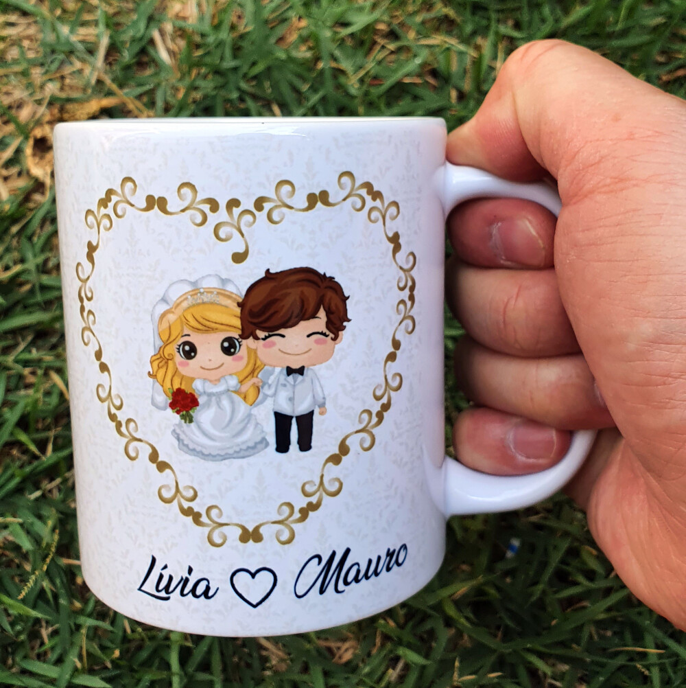 Caneca Branca Personalizada Casal Noivos Padrinhos Casamento