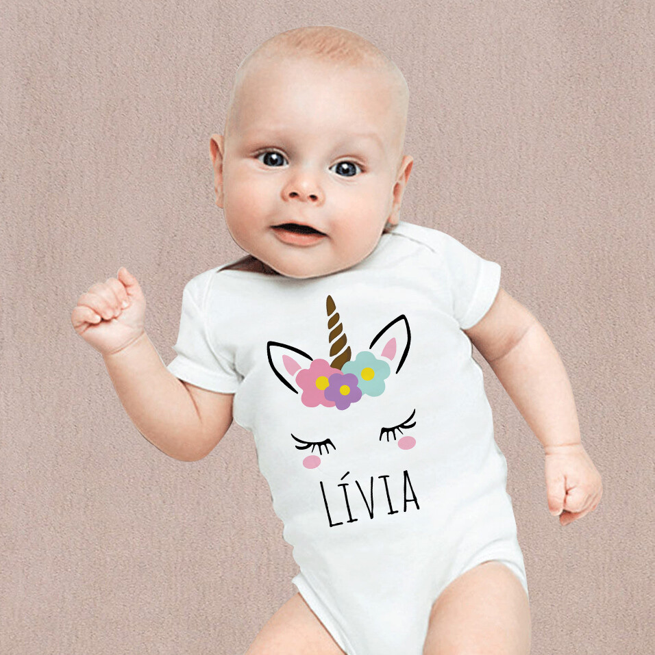 Body Baby Branco Personalizado de Unicórnio (com Nome)