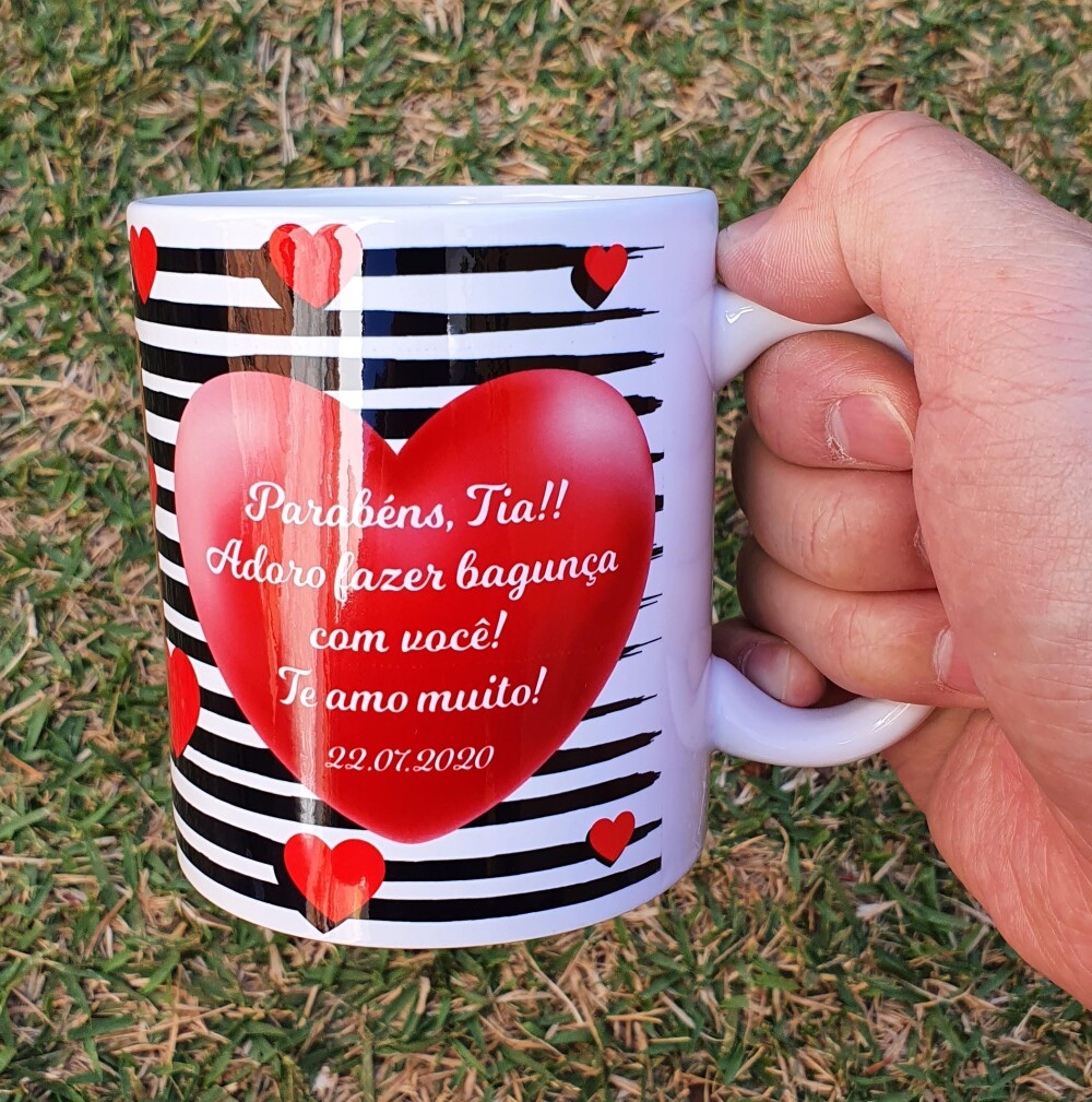 Caneca Branca Coração Amor Dinda Dindo Tia Titia Tio Titio