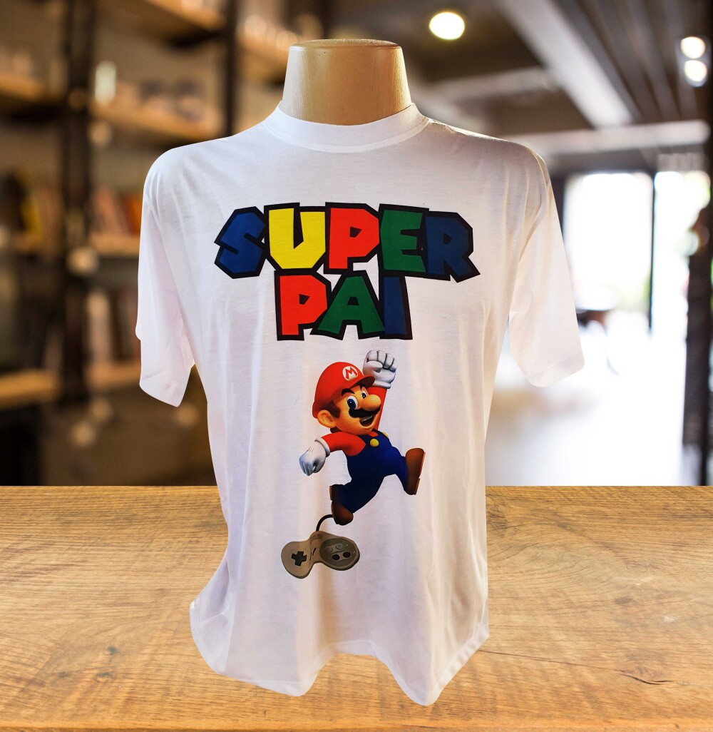Camiseta Branca Personalizada Super Pai - Super Mario Bros