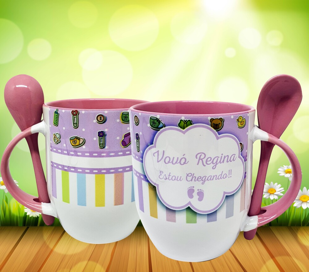 Caneca Colher Rosa Personalizada Mimo Vovó Estou Chegando