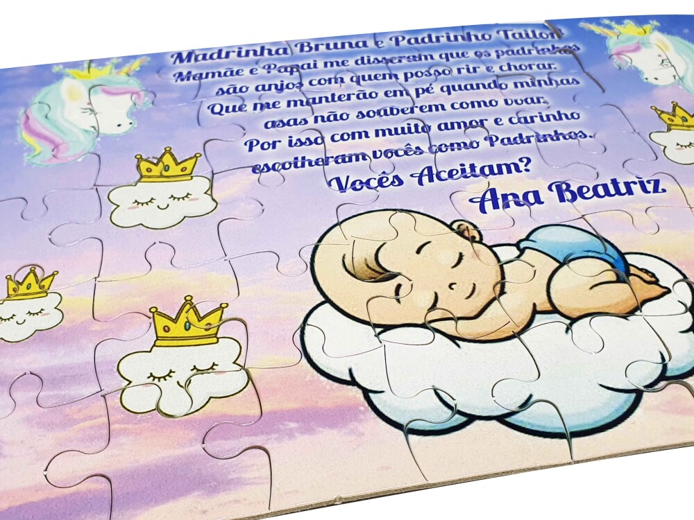Quebra-cabeça Convite Batizado Bebê Unicórnio Encantado