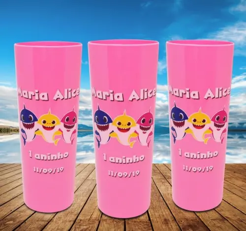15 Copos Long Drink Rosa Bebê Personalizado Baby Shark