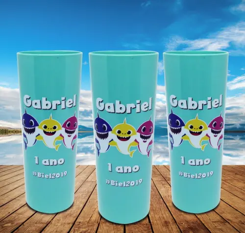 15 Copos Long Drink Azul Personalizado - Baby Shark