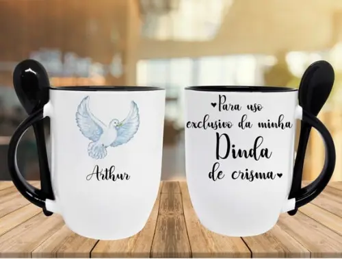 Caneca Preta Colher Dinda Madrinha Batizado Crisma de Bebê