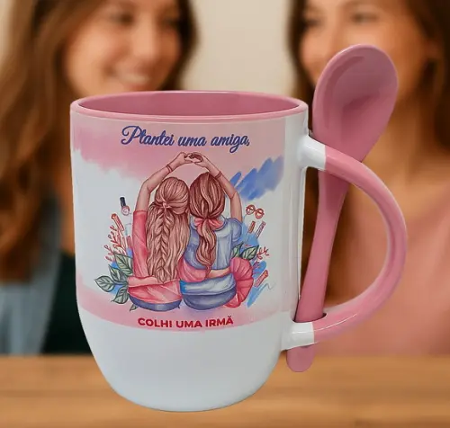 Caneca Colher Rosa Presente Plantei Uma Amiga Colhi Uma Irmã