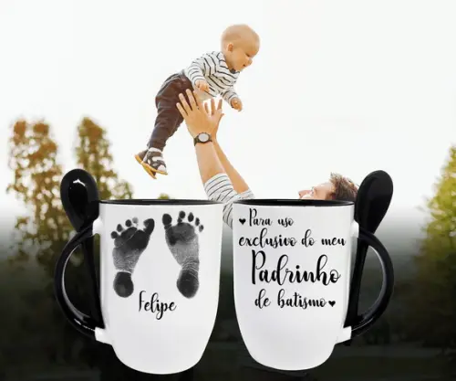 Caneca Preta com Colher Personalizada Padrinho de Batismo